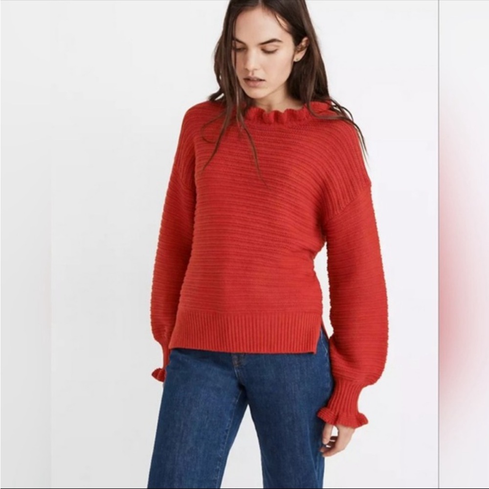 Madewell Scarlet Red Ruffle-Neck Pullover Sweater in Cotton-Merino Yarn Sz Small